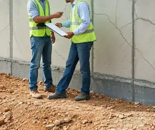 Engineer inspecting a foundation crack and structural integrity